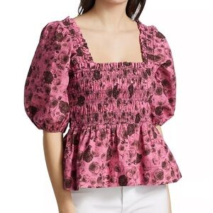 Ganni Floral Printed Pink Cotton Poplin Blouse sz 36 US 4